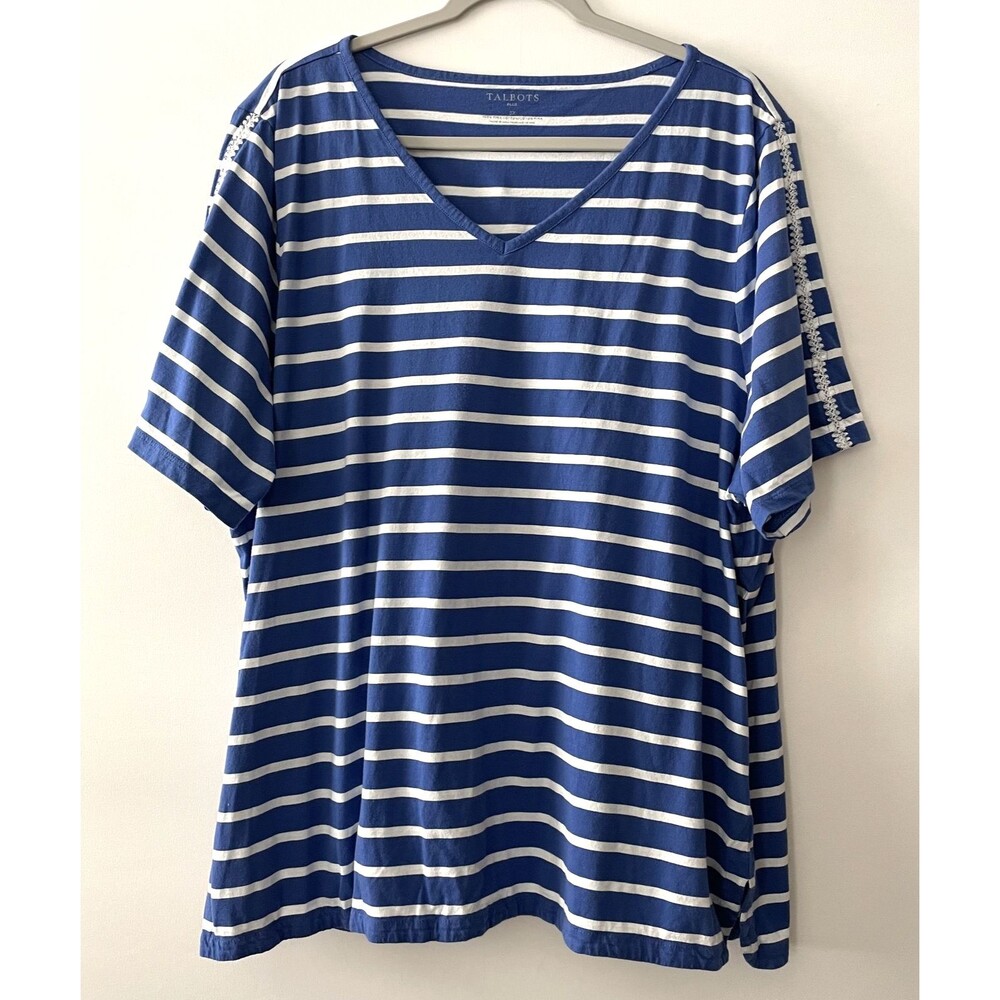 Talbots Plus Tunic Top V-Neck Short Sleeve Striped Blue White Size 3X-dmpv